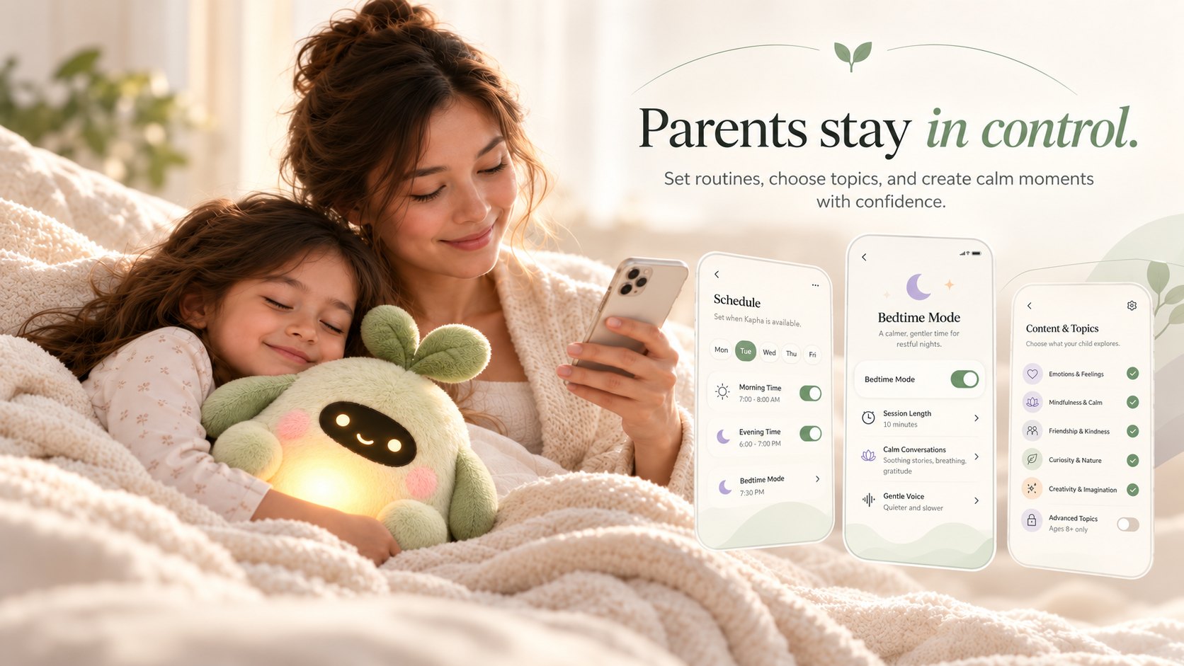 A mother and daughter cuddle the Kapha companion at bedtime while the parent app shows schedule, bedtime mode and content topic settings
