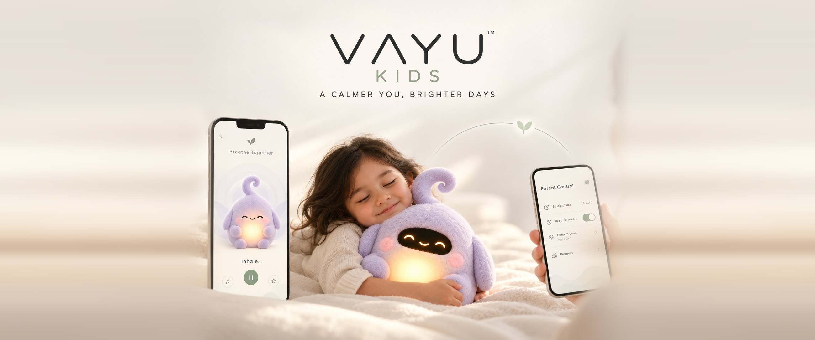 Vayu Kids: a child hugs the glowing companion while a breathing session plays on one phone and a parent adjusts bedtime mode on another